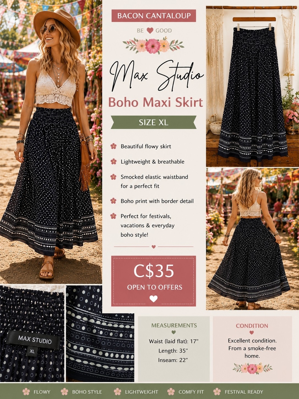 Max Studio Boho Maxi Skirt in Black with White Dot Print - XL